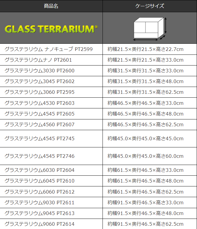 グラステラリウム　サイズ表